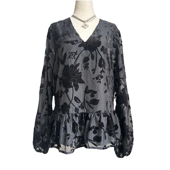Express Velvet Burnout Top Sheer Sleeve Floral Shimmer Ruffles Sz M Goth Chic - Picture 1 of 10